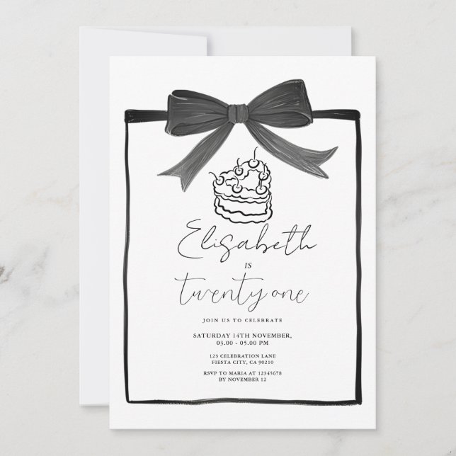 Black Bow Cake Ribbon 21. Geburtstag Einladung (Vorderseite)