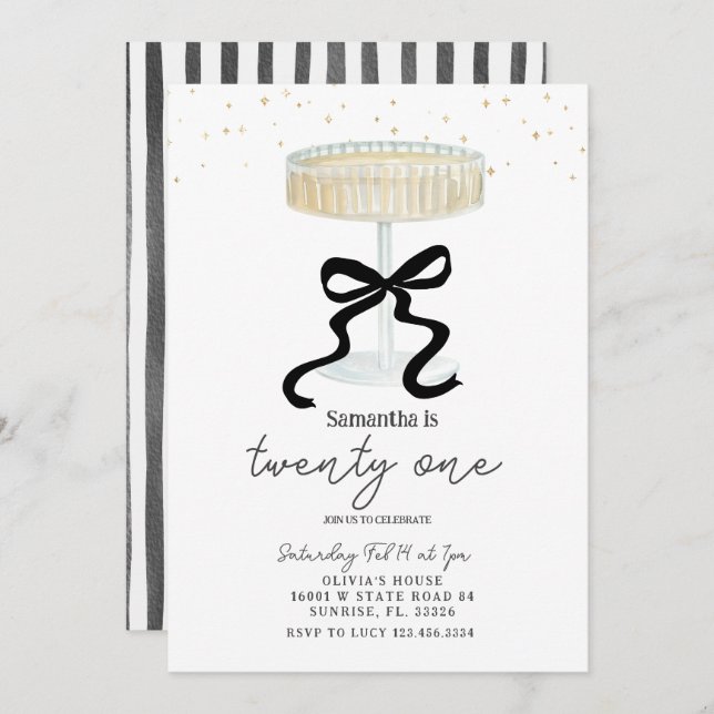 Black Bow Champagne Glass Party Invite Einladung (Vorne/Hinten)