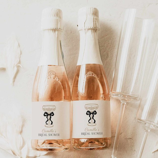 Black Bow Champagner  (Elegant Black Bows and Bubbly Bridal Shower mini champagne bottle labels)