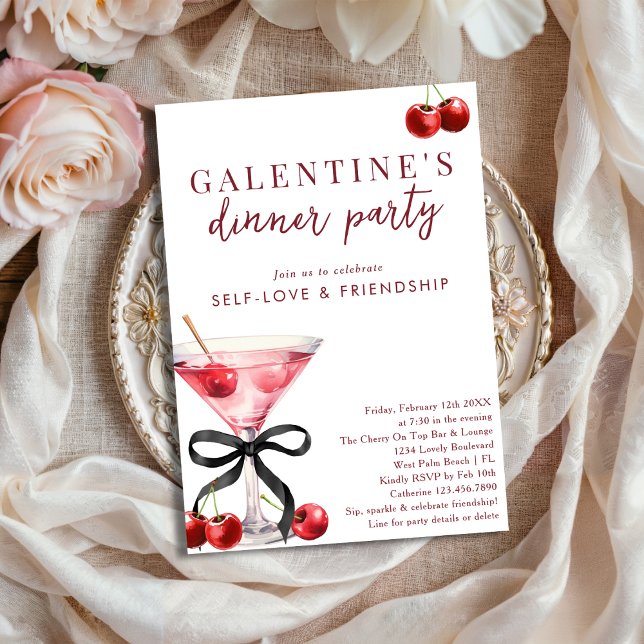Black Bow Cherry Martini Galentines Dinner Party Einladung (Von Creator hochgeladen)