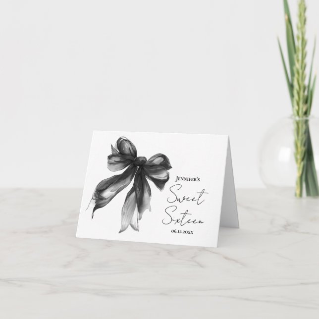 Black Bow Coquette Script Sweet 16 Thank You  Dankeskarte (Vorderseite)