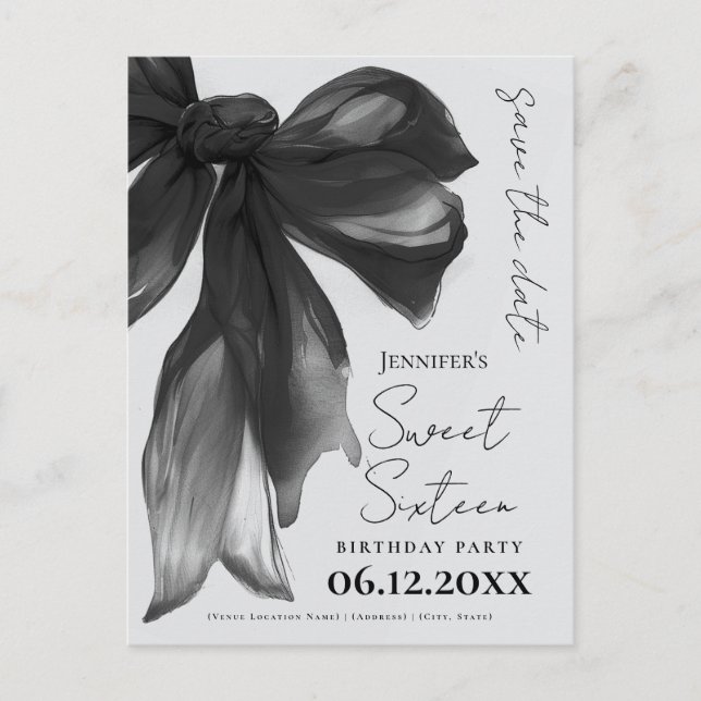 Black Bow Coquette Sweet 16 Save the Date Grey Postkarte (Vorderseite)