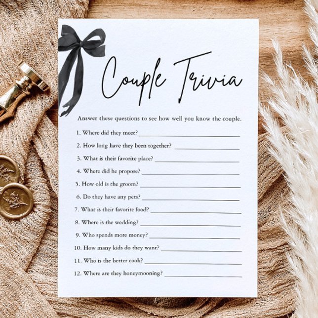 Black Bow Couple Trivia Brautparty Einladung (Black Bow Couple Trivia Bridal Shower Game)