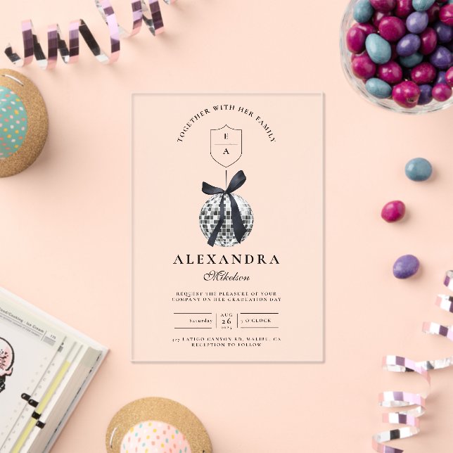 Black Bow Disco Ball Graduation Party Acryleinladungen (Insitu (Feier))