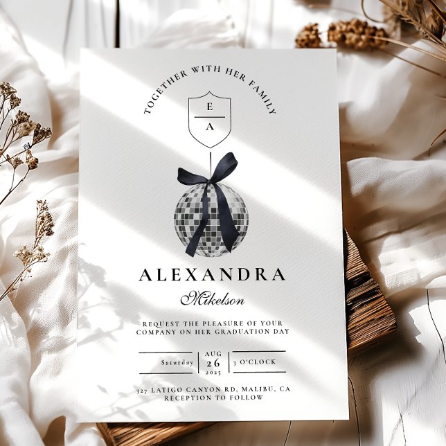 Black Bow Disco Ball Graduation Party Einladung (Von Creator hochgeladen)