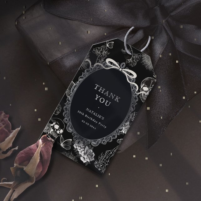 Black Bow Floral Skull RIP 20s 30th Birthday Party Geschenkanhänger (Black Bow Floral Skull RIP 20s 30th Birthday Party Gift Tags)