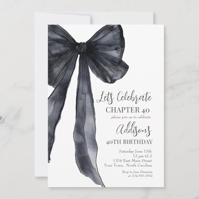 Black Bow Forty 40th Birthday Party Invitation Einladung (Vorderseite)