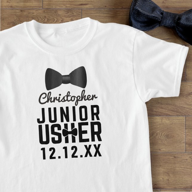 Black Bow Krawatte Junior Usher Attendant White T  T-Shirt (Just add your Junior Usher's name and your wedding date)
