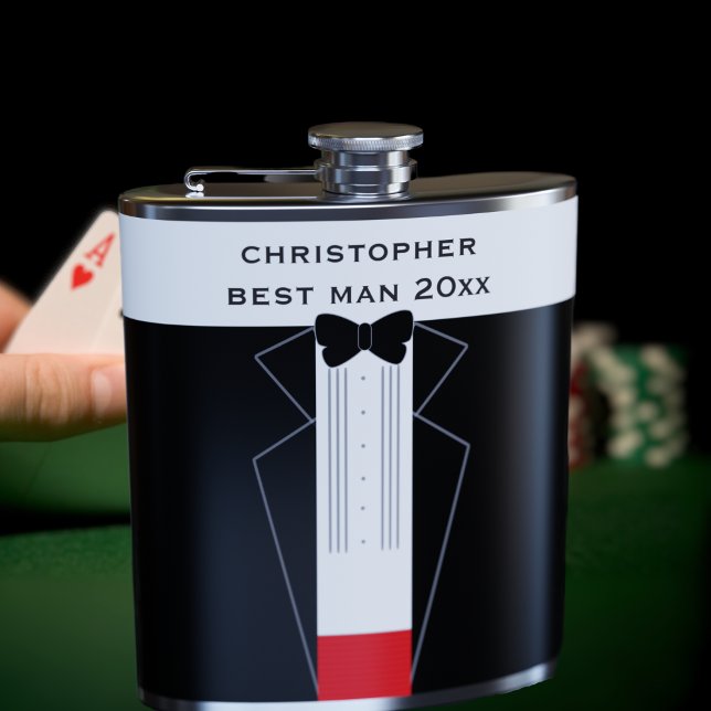 Black Bow Krawatte Tuxedo Trauzeuge Trauzeugen Fla Flachmann (Fun tuxedo flask for your groomsmen. Just add their name and year)