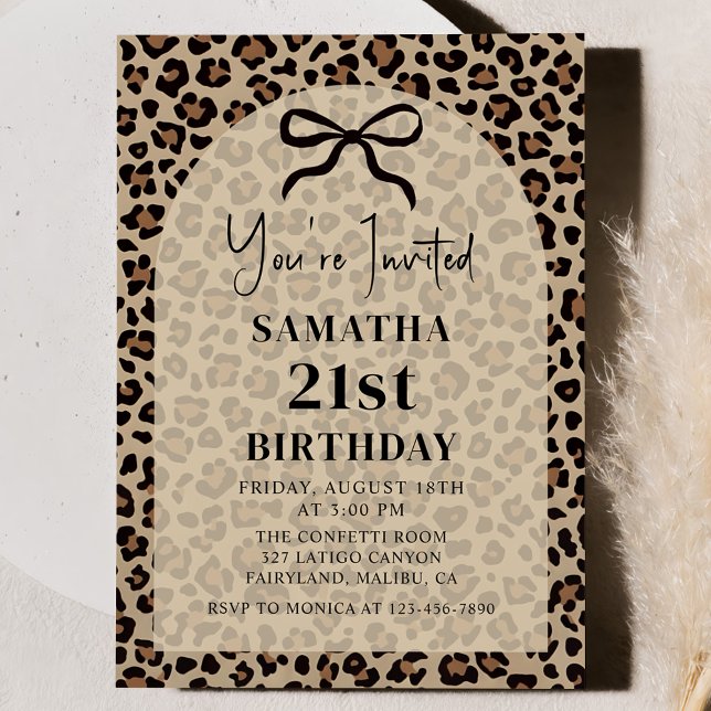 Black Bow Leopard Cheetah Birthday Invitation Einladung (Von Creator hochgeladen)
