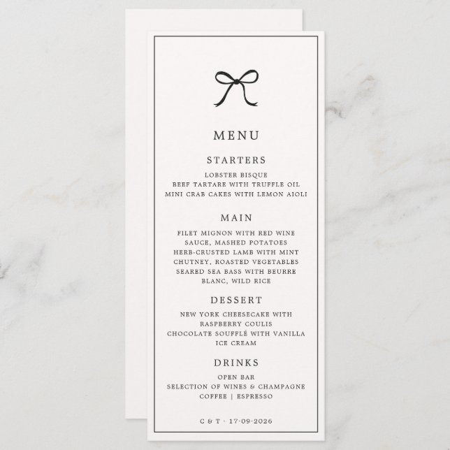 Black Bow Minimalistisch Elegante Wedding Menu Menükarte (Vorne/Hinten)
