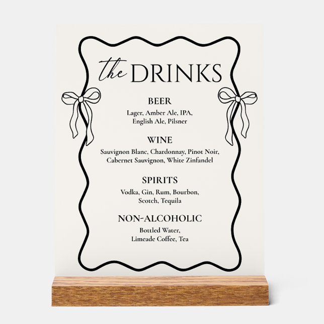 Black Bow Old Money Wedding Bar Drink Menu Acrylschild (Von Creator hochgeladen)