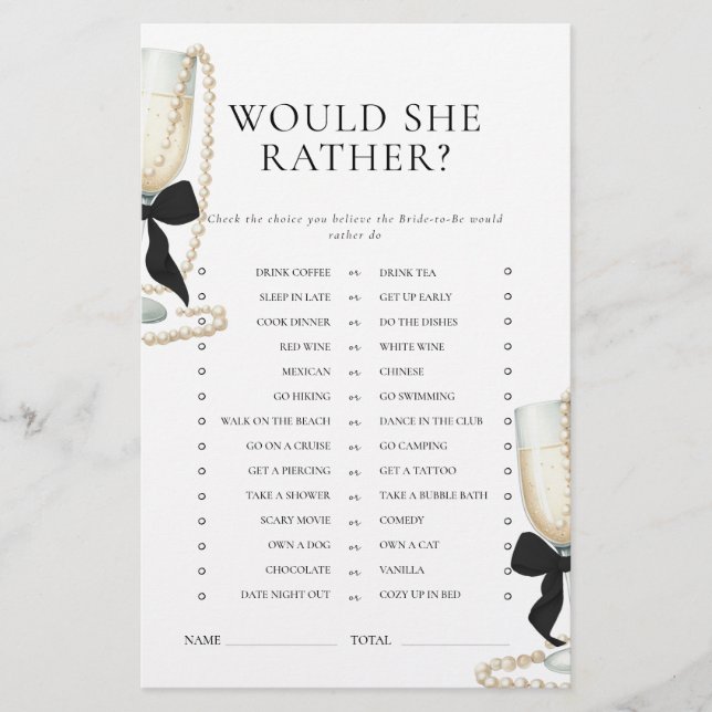 Black Bow Pearls & Prosecco Bridal Shower Game Briefpapier (Vorderseite)