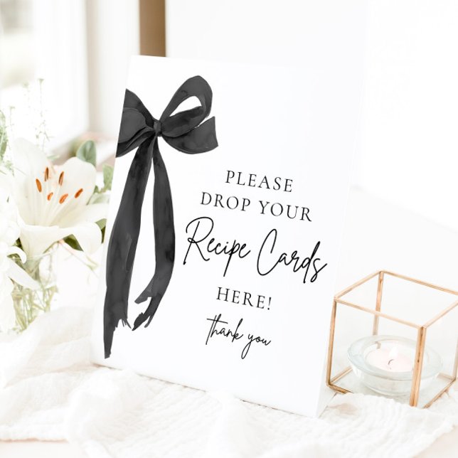Black Bow Share a Recicard Brautparty Sign Sockelschild (Black Bow Share a Recipe Card Bridal Shower Sign)