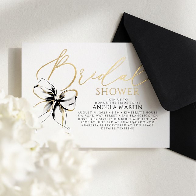 Black Bow She's Tying The Knot Bridal Shower Folieneinladung (Black Bow Gold Foil Bridal Shower Invitation)