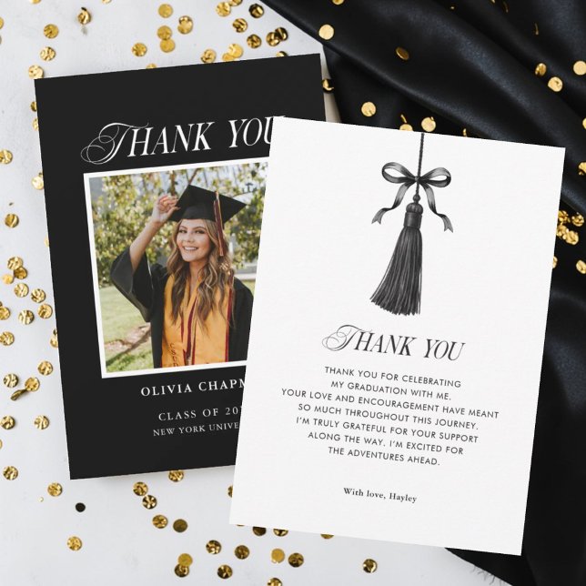 Black Bow Tassel Modern Graduation Party Photo Dankeskarte (Von Creator hochgeladen)