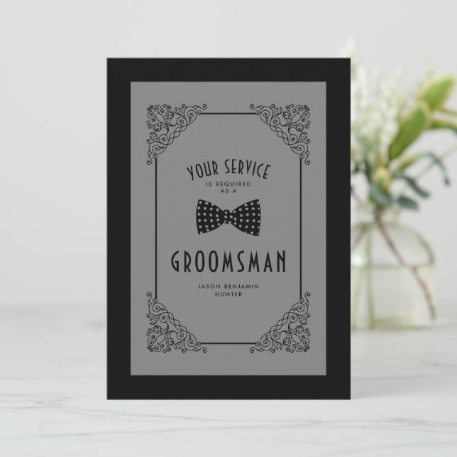 Black Bow Tie Groomsman Vintage Flourish Proposal (Stehend Vorderseite)