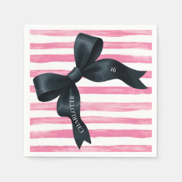 Black Bow with Pink White Stripe Birthday Cocktail Serviette