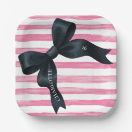Black Bow with Pink White Stripe Birthday Pappteller
