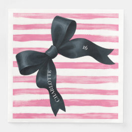 Black Bow with Pink White Stripe Birthday Serviette