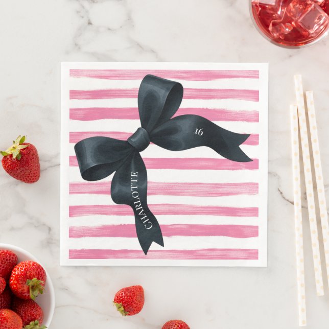 Black Bow with Pink White Stripe Birthday Serviette (Beispiel)