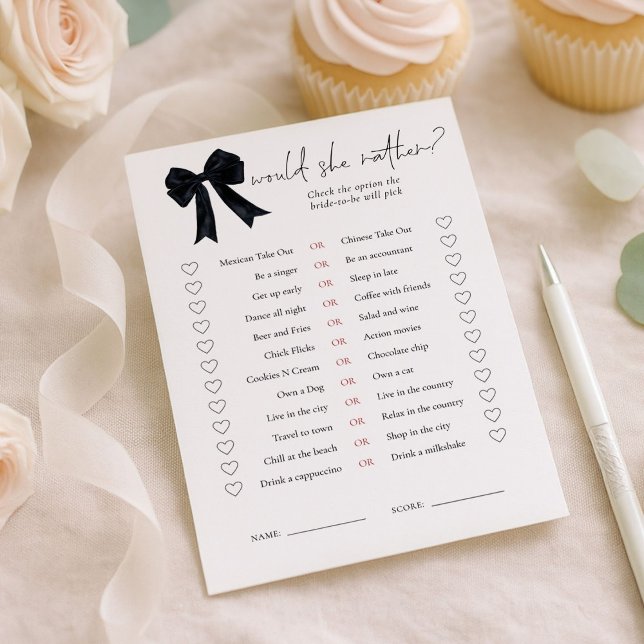 Black Bow Would She Rather Bridal Shower Game Card Einladung (Von Creator hochgeladen)