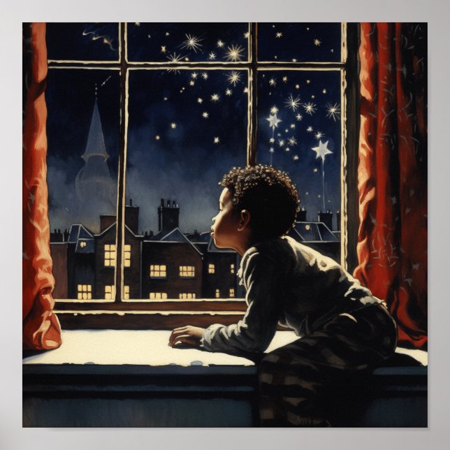 Black Boy Gazing am Weihnachtsabend City Lights Poster (Vorne)