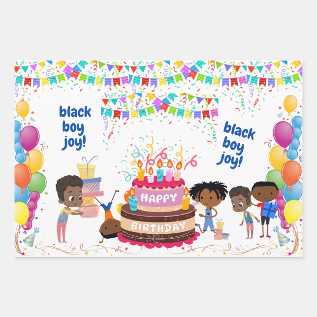 Black Boy Joy Birthday Geschenkpapier Set (Vorderseite)