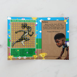 Black Boys Track Star Word Search Happy Birthday Karte
