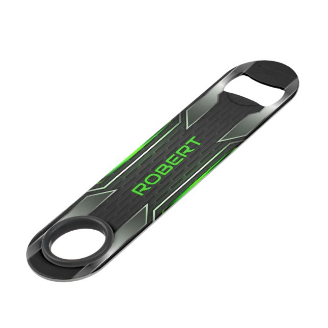 Black & Breen Gaming-Hintergrund-Monogramm Speed Flaschenöffner (Rückseite Schrägansicht)