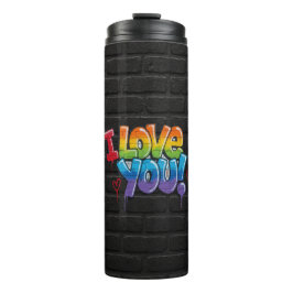 Black Brick Wall with Graffiti “I Love You!” Thermosbecher