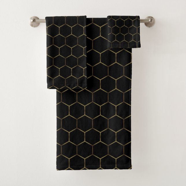 Black Bronze Honeycomb Hexagon Muster Chic Manly Badhandtuch Set (Insitu)