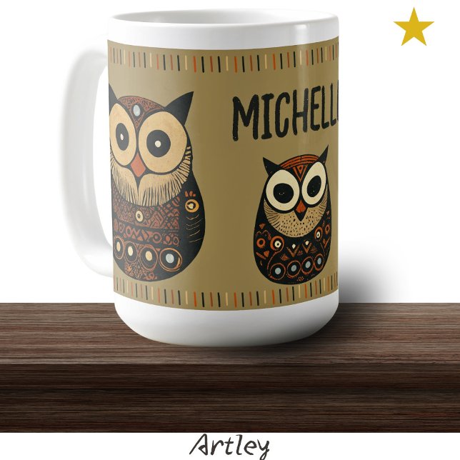 Black Brown Folk Art Owl Individuelle Name Kaffeetasse (Von Creator hochgeladen)