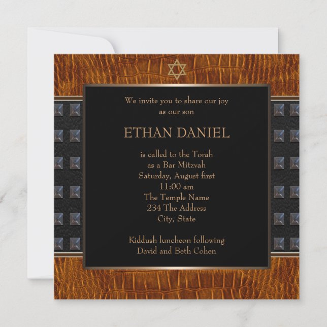 Black Brown Leather Star von David Bar Mitzvah Einladung (Vorderseite)