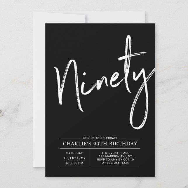 Black Brush Lettering 90. Geburtstagsparty Einladung (Vorderseite)