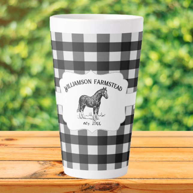 Black Buffalo Kariert Farm Horst Latte Tasse (Black Buffalo Plaid Farm Horse Personalized Latte Mug)