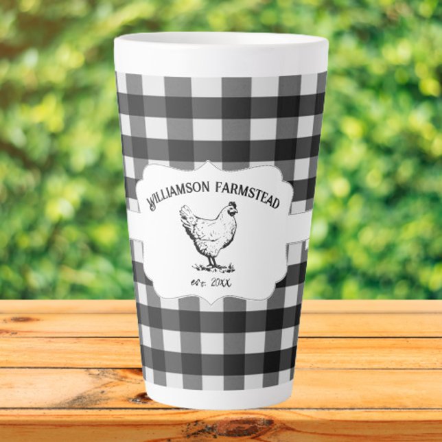 Black Buffalo Kariert Farm Hühnchen Latte Tasse (Black Buffalo Plaid Farm Chicken Personalized Latte Mug)