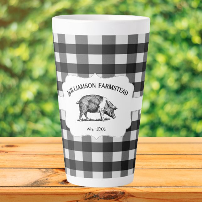 Black Buffalo Kariert Farm Pig Latte Tasse (Black Buffalo Plaid Farm Pig Personalized Latte Mug)
