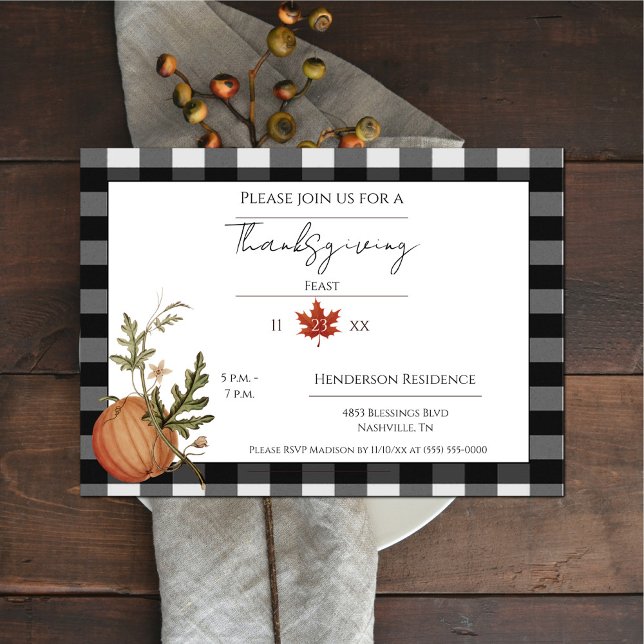 Black Buffalo Kariert Pumpkin Erntedank Dinner Einladung (Black Buffalo Plain Pumpkin Thanksgiving Dinner Invitation)