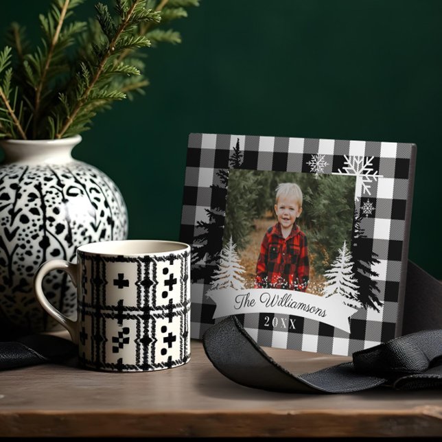 Black Buffalo Kariert Rustic Pine Tree Family Foto Fotoplatte (Black Buffalo Plaid Rustic Pine Tree Family Photo Plaque)