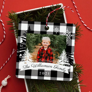 Black Buffalo Kariert Rustic Pine Trees Family Fot Ornament Aus Metall
