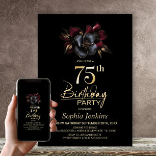Black Burgund Gray Floral 75. Geburtstagsparty Einladung