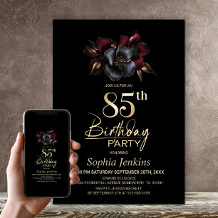 Black Burgund Gray Floral 85. Geburtstagsparty Einladung