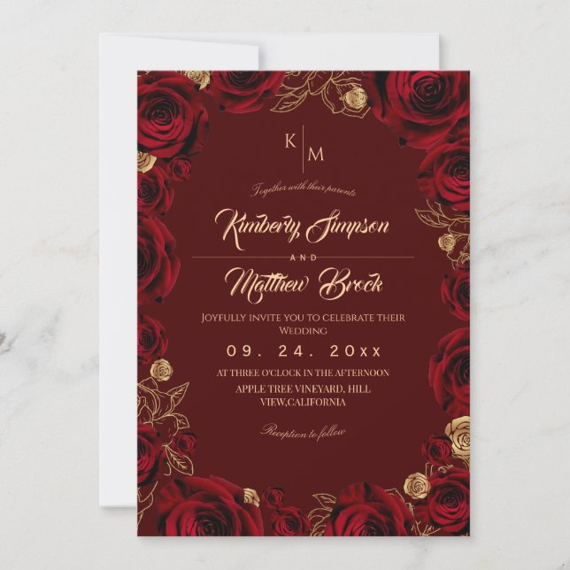 Black Burgundy and Gold Rose Floral Boho Wedding Einladung (Vorderseite)