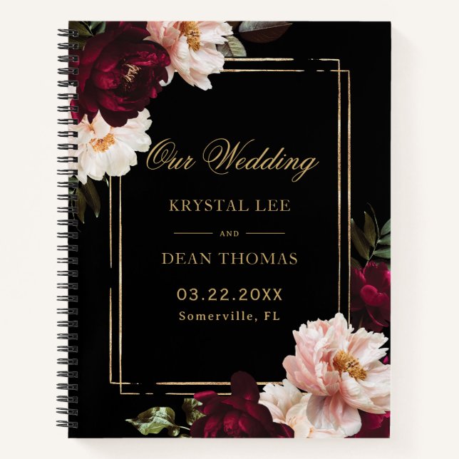 Black Burgundy Blush Floral Wedding Guest Book Notizbuch (Vorderseite)