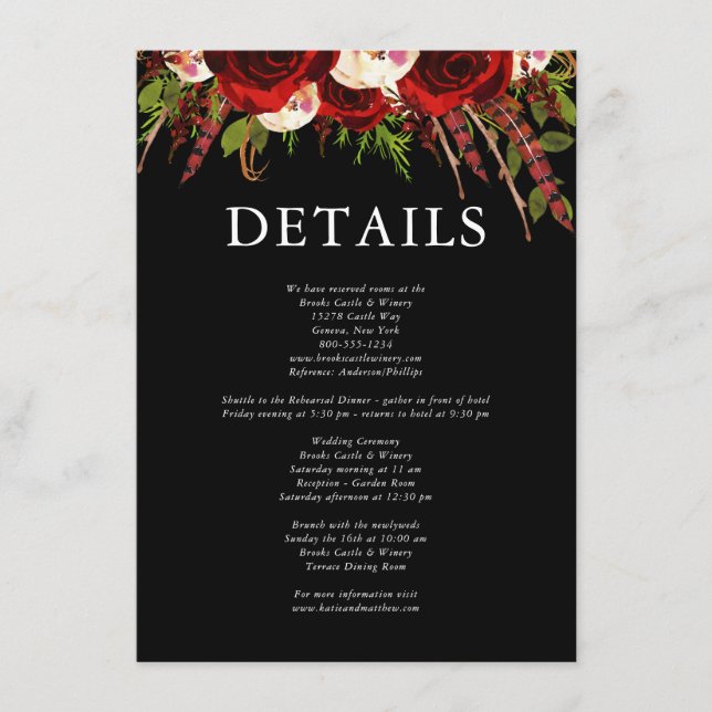 Black Burgundy Floral Boho Hochzeitdetails Begleitkarte (Vorderseite)