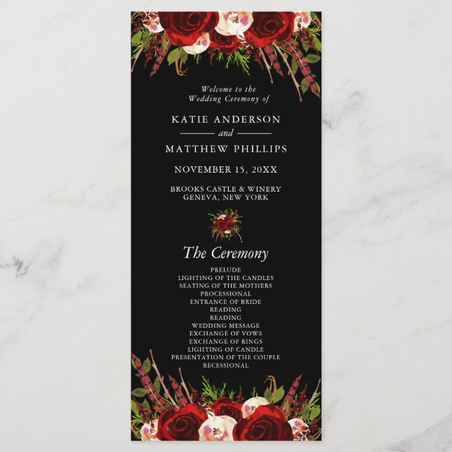 Black Burgundy Floral Boho Hochzeitsprogramm Programm (Vorderseite)