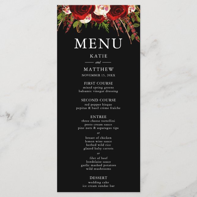 Black Burgundy Floral Boho Wedding Menu Card Menükarte (Vorderseite)