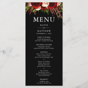 Black Burgundy Floral Boho Wedding Menu Card Menükarte