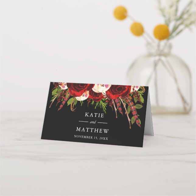Black Burgundy Floral Boho Wedding Platzkarte (Rückseite)